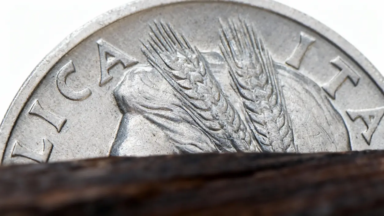Dettaglio di una moneta italiana con spighe di grano e parte della scritta 'Repubblica Italiana'