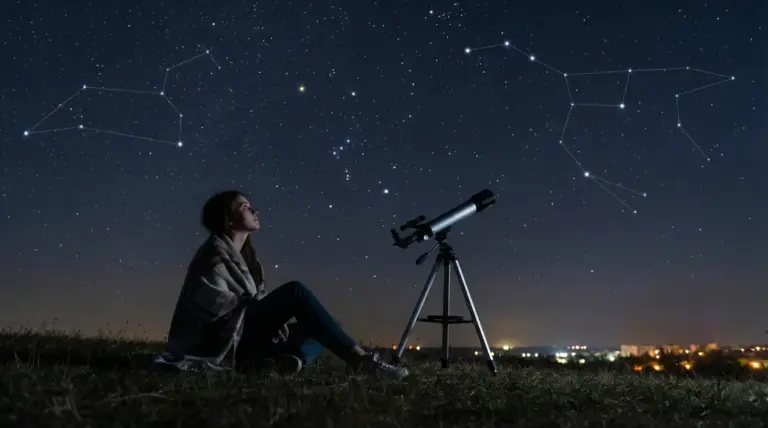 Una persona seduta su un prato guarda le stelle accanto a un telescopio sotto un cielo notturno stellato