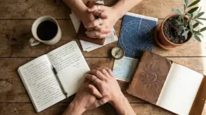 Mani incrociate su un tavolo con oggetti legati all'astrologia e alla scrittura