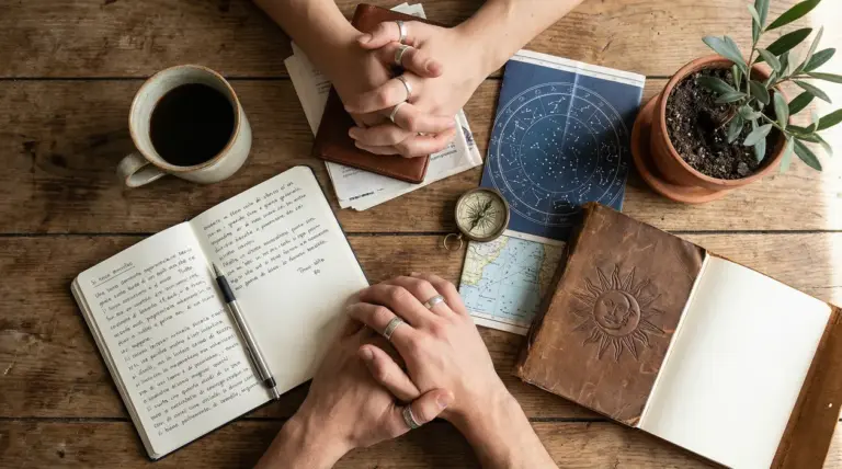 Mani incrociate su un tavolo con oggetti legati all'astrologia e alla scrittura