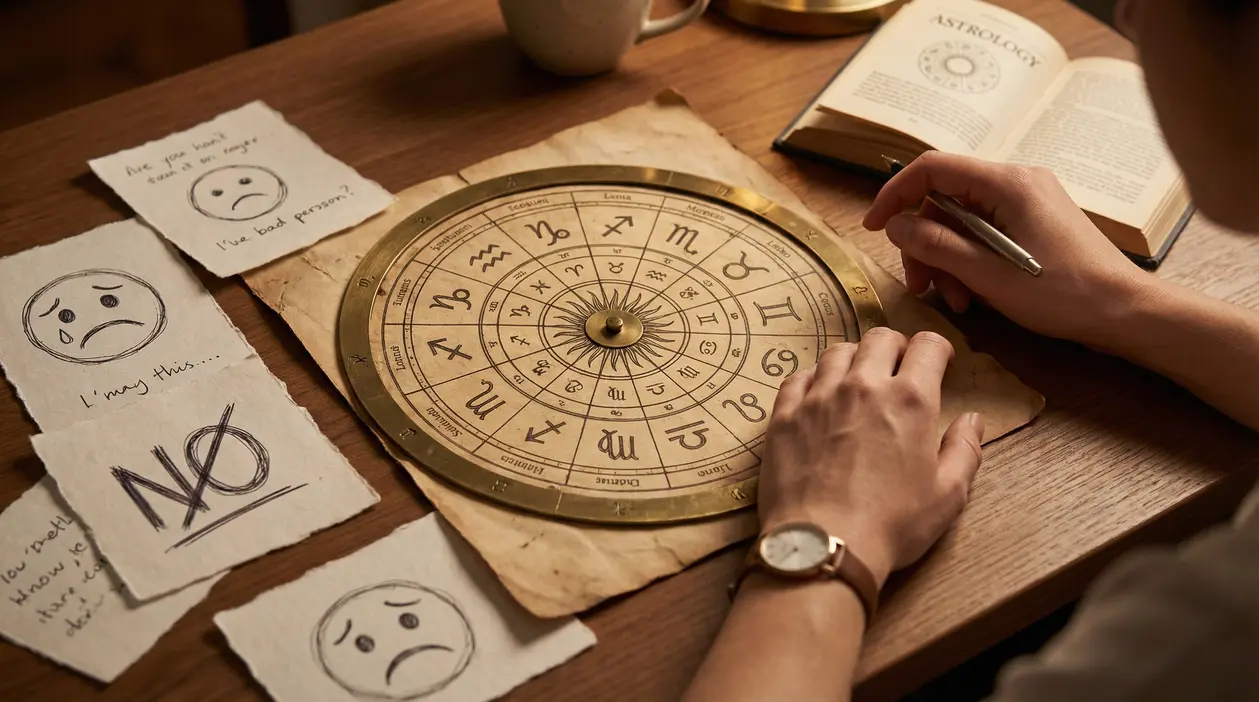 Persona che consulta una mappa zodiacale su un tavolo con appunti e libro di astrologia