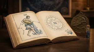 Libro aperto con illustrazione del segno zodiacale dell'Acquario e una mappa astrologica