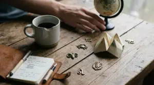 Oggetti simbolici dello zodiaco su un tavolo di legno con una mano, taccuino e tazza di caffè