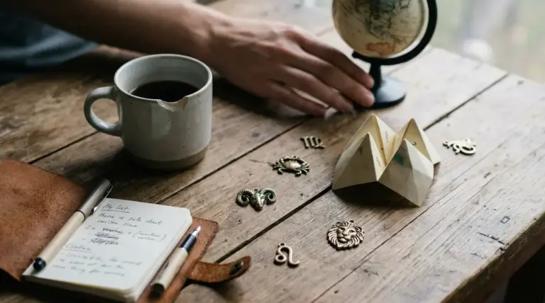 Oggetti simbolici dello zodiaco su un tavolo di legno con una mano, taccuino e tazza di caffè