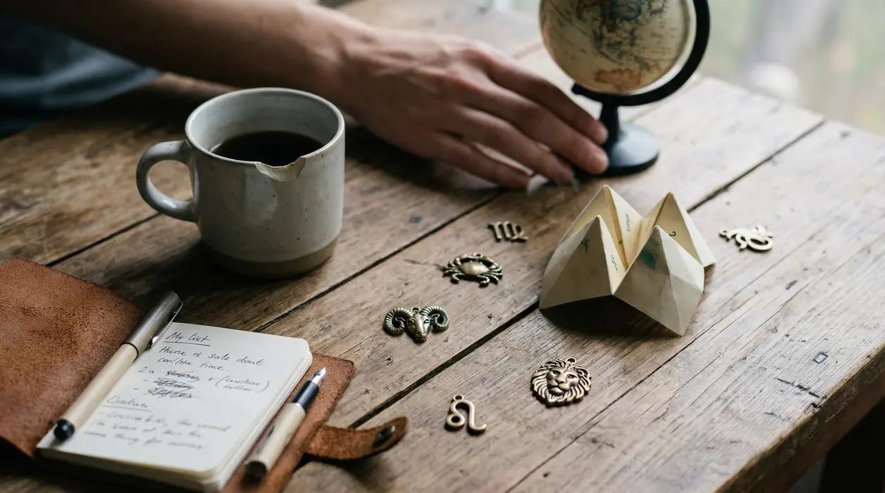 Oggetti simbolici dello zodiaco su un tavolo di legno con una mano, taccuino e tazza di caffè