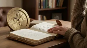 Una persona consulta un libro con simboli zodiacali vicino a uno strumento astrologico antico.