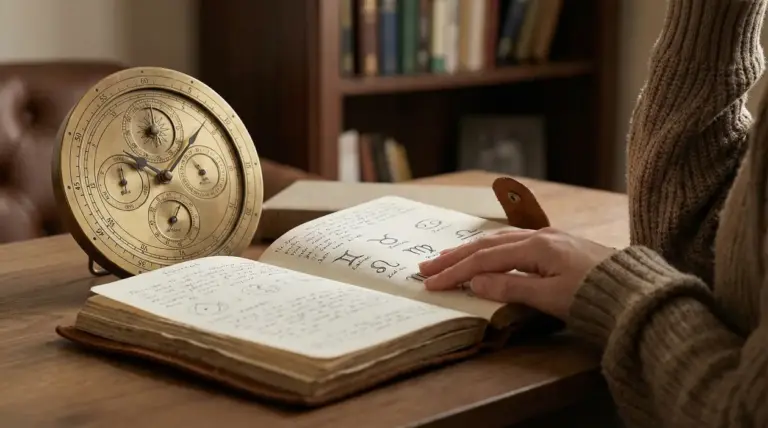 Una persona consulta un libro con simboli zodiacali vicino a uno strumento astrologico antico.