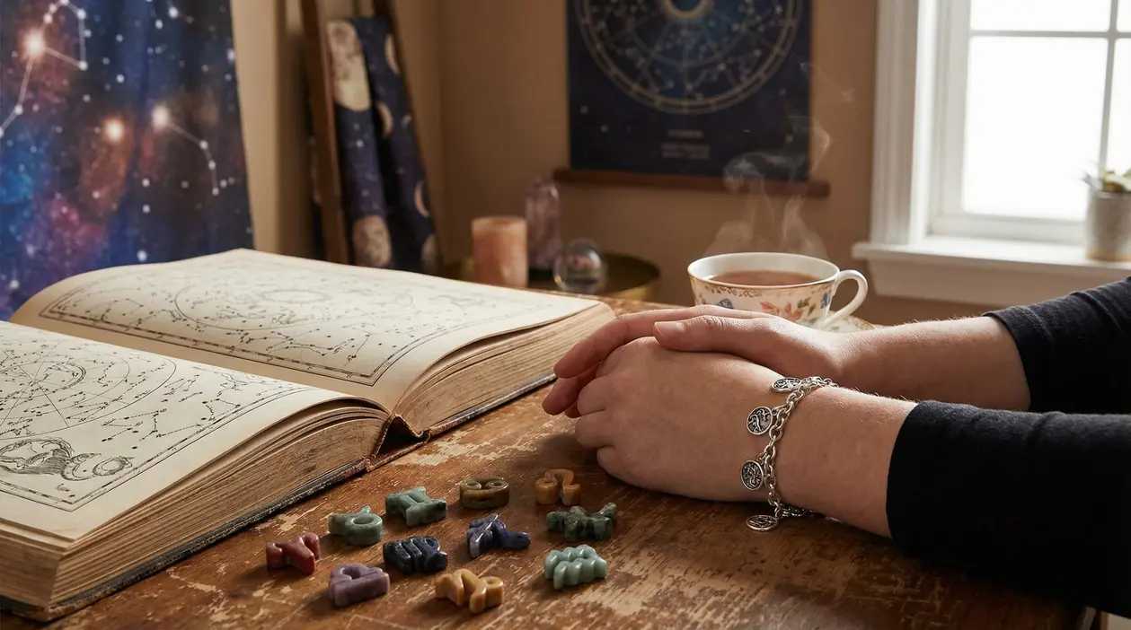 Persona seduta a un tavolo con libro di astrologia aperto, simboli zodiacali e tazza di tè