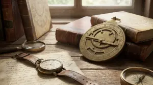 Oggetti antichi su un tavolo di legno, tra cui un orologio, una lente d'ingrandimento e strumenti astrologici