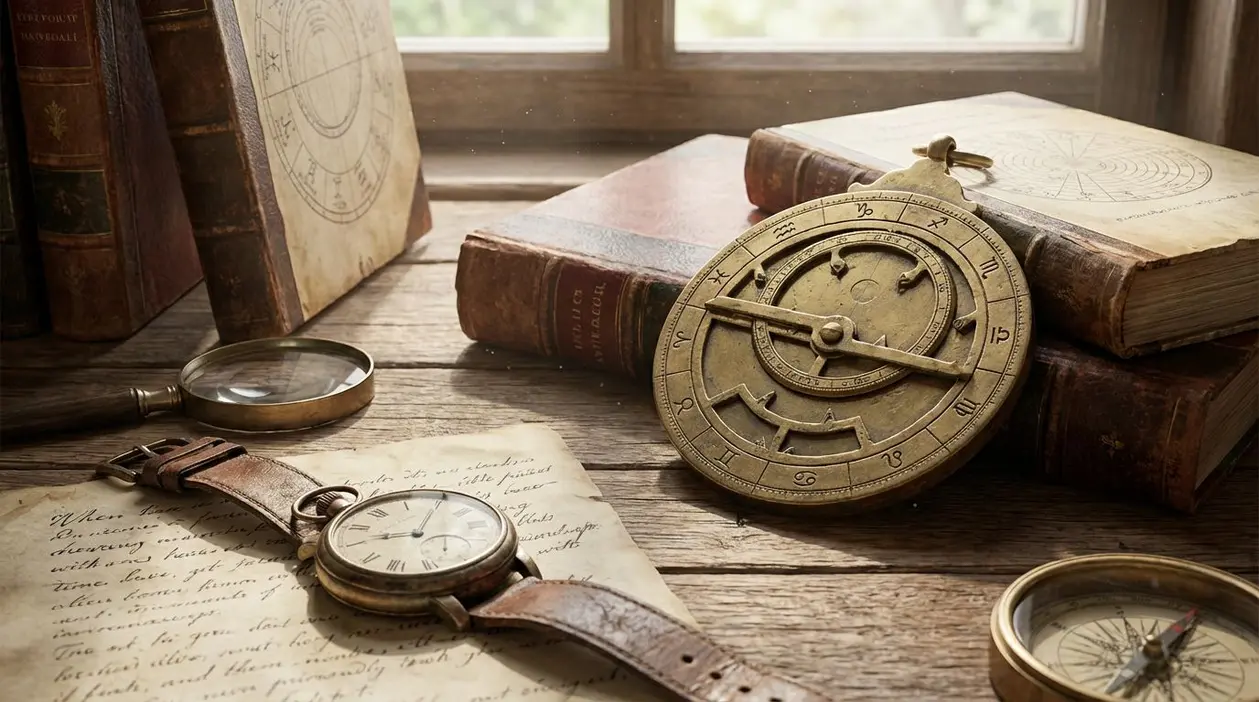 Oggetti antichi su un tavolo di legno, tra cui un orologio, una lente d'ingrandimento e strumenti astrologici