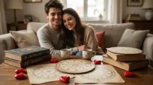 Coppia seduta su un divano con libri di astrologia e carte zodiacali su un tavolo