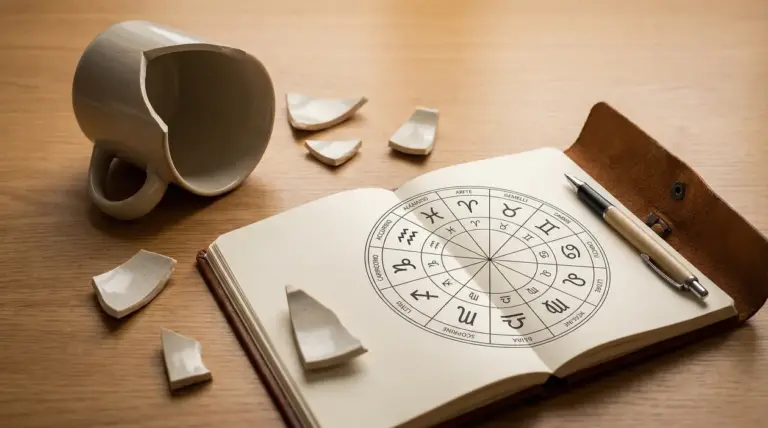 Tazza rotta accanto a un'agenda aperta con simboli zodiacali
