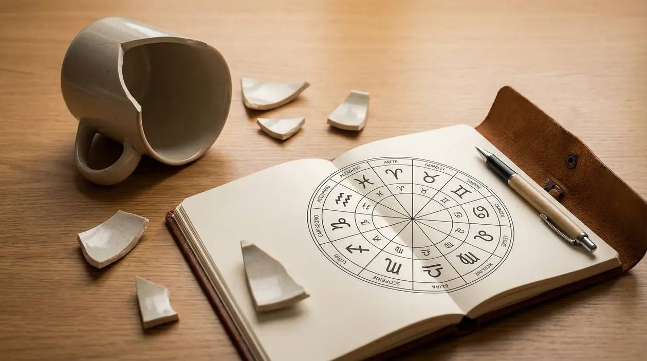 Tazza rotta accanto a un'agenda aperta con simboli zodiacali