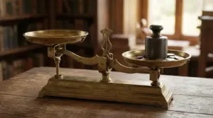 Bilancia a due piatti con peso e monete su un lato, sbilanciata su un tavolo di legno