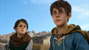 Due bambini in un paesaggio naturale, guardano in lontananza con espressioni serie.