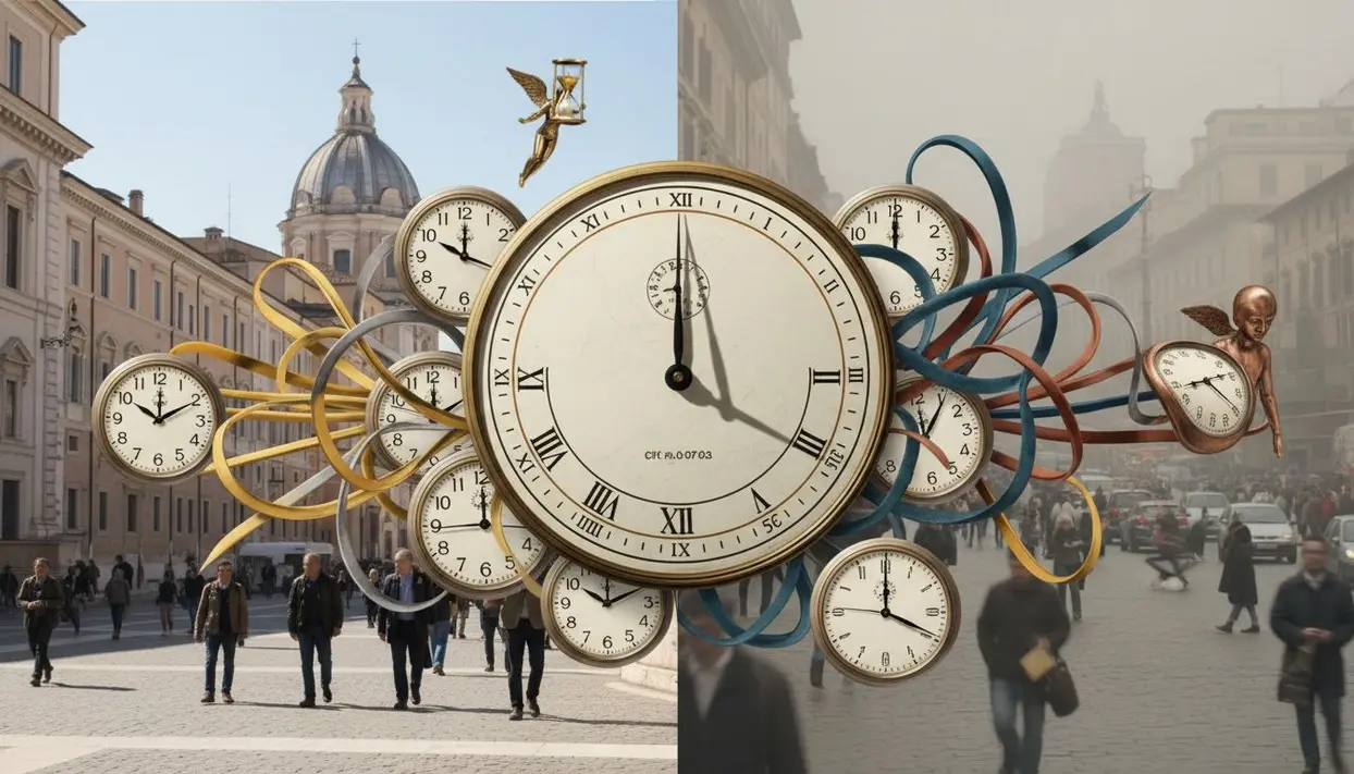 Composizione artistica con molteplici orologi in una piazza divisa tra ordine e caos