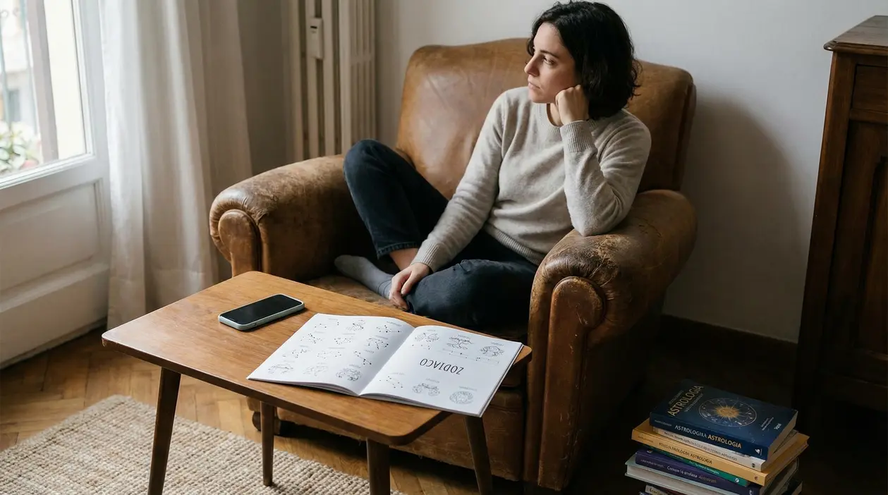 Persona seduta su una poltrona che guarda fuori dalla finestra con un libro di segni zodiacali aperto
