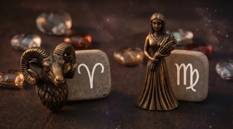 Simboli zodiacali di Ariete e Vergine rappresentati con statuette in bronzo