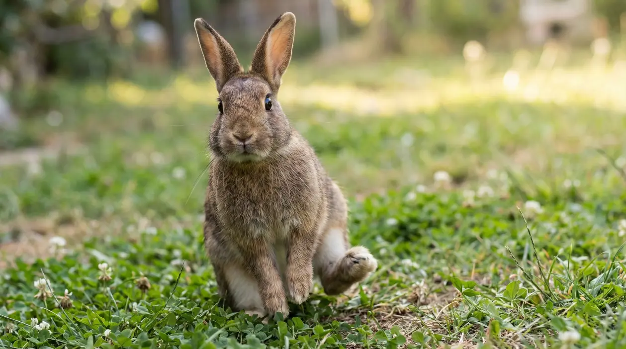 Coniglio marrone su un prato verde mentre alza una zampa posteriore