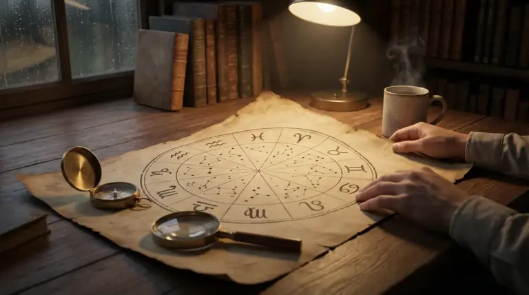 Una persona osserva una mappa astrologica su un tavolo con una lente e una bussola