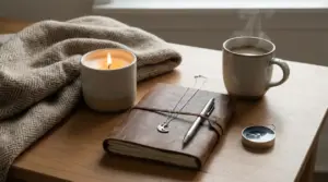 Taccuino in pelle con penna, collana con luna, candela accesa, bussola e tazza di caffè su tavolo di legno