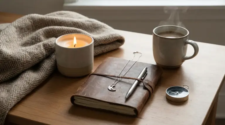 Taccuino in pelle con penna, collana con luna, candela accesa, bussola e tazza di caffè su tavolo di legno