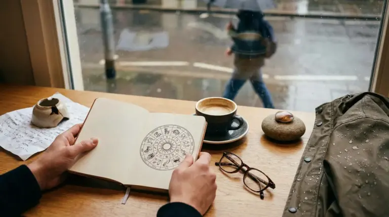 Una persona sfoglia un libro con i segni zodiacali in un bar durante una giornata di pioggia