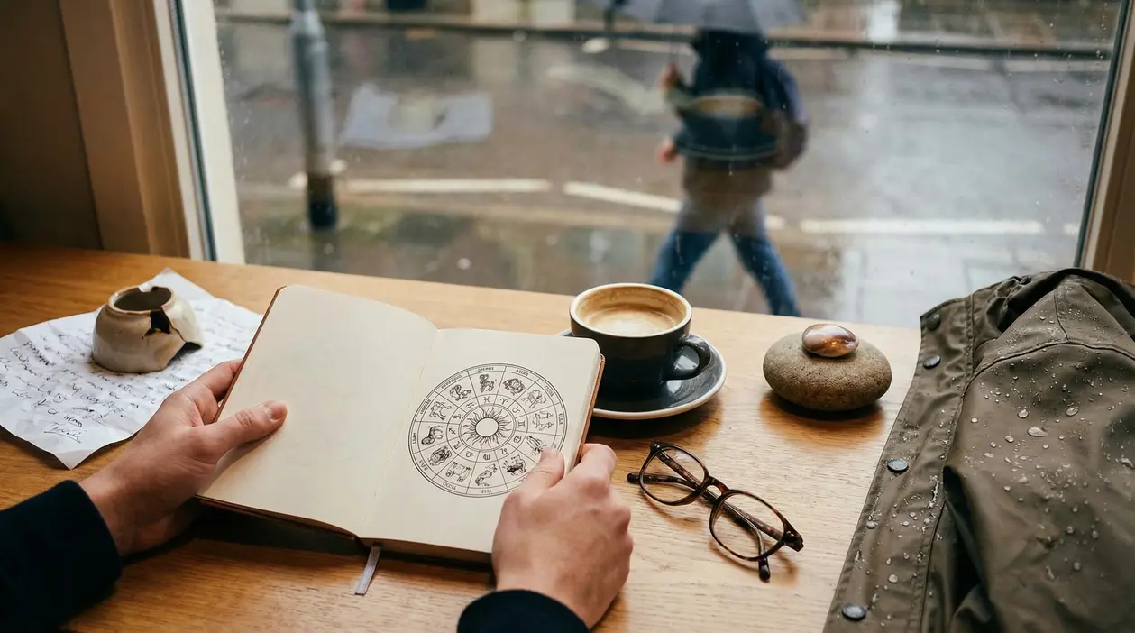 Una persona sfoglia un libro con i segni zodiacali in un bar durante una giornata di pioggia