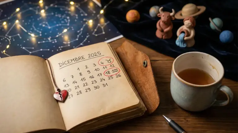 Calendario di dicembre 2025 con simboli zodiacali cerchiati, accanto a tazza di tè e figure astrologiche