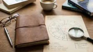 Carta del tema natale con lente di ingrandimento su un tavolo di legno, accanto a libri e un taccuino