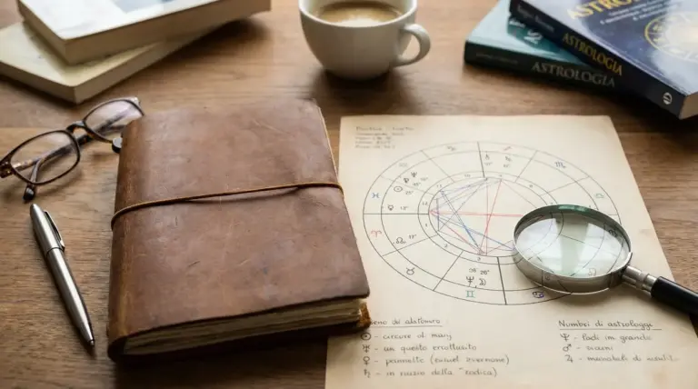 Carta del tema natale con lente di ingrandimento su un tavolo di legno, accanto a libri e un taccuino