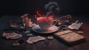 Tazza con segni zodiacali e fumo scuro su un tavolo con oggetti astrologici sparsi