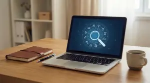 Computer portatile su una scrivania con simboli zodiacali sullo schermo