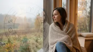 Persona avvolta in una coperta guarda fuori dalla finestra con simboli zodiacali sovrapposti