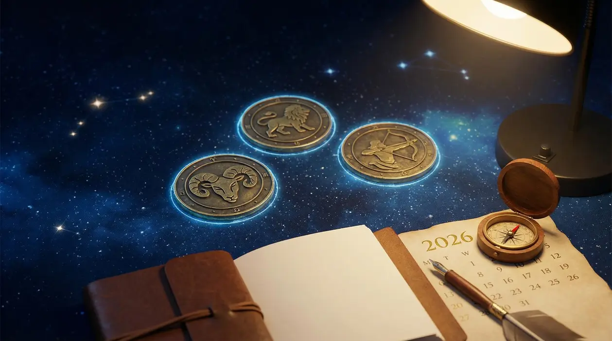Monete zodiacali su sfondo stellato accanto a calendario del 2026, bussola e taccuino aperto