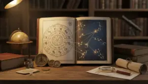 Libro aperto con segni zodiacali e costellazioni in una biblioteca antica