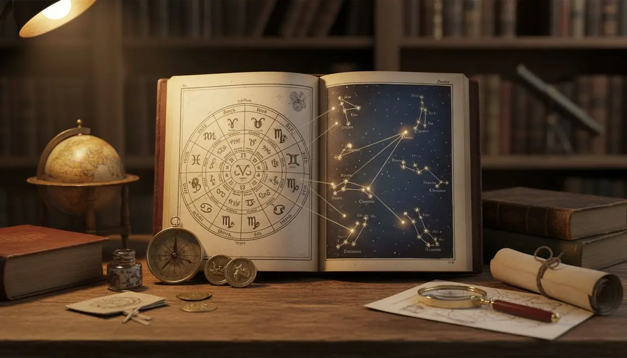 Libro aperto con segni zodiacali e costellazioni in una biblioteca antica