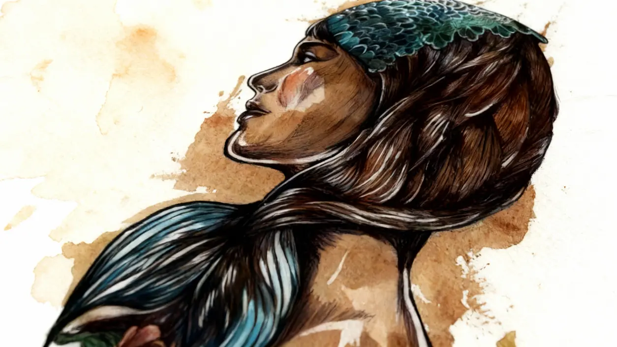 Illustrazione artistica di una figura femminile con capelli intrecciati e dettagli marini