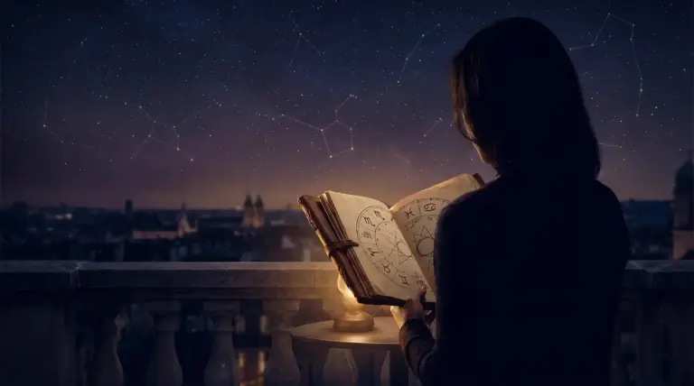 Persona che osserva un libro astrologico sotto un cielo stellato con costellazioni
