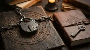 Oggetti simbolici dell'astrologia con lucchetto, catena e chiave su tavolo in legno.