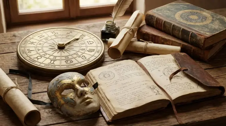 Oggetti antichi su un tavolo, tra cui una ruota zodiacale, libri e una maschera decorativa