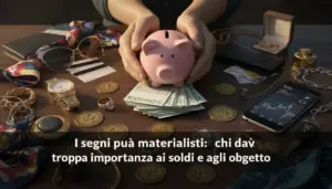 Mani che tengono un salvadanaio su un tavolo con soldi, gioielli e oggetti di lusso