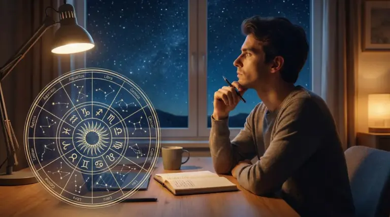 Persona pensierosa seduta a una scrivania con segni zodiacali sovrapposti e cielo stellato sullo sfondo