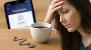 Donna pensierosa con una tazza di caffè, un ciondolo zodiacale e uno smartphone con oroscopo