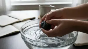 Mani che tengono una pietra sopra una ciotola d'acqua su un tavolo con quaderni aperti