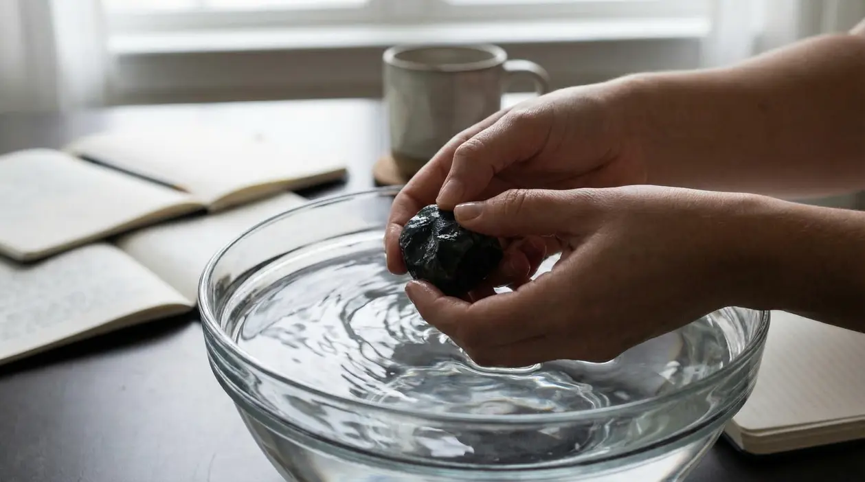 Mani che tengono una pietra sopra una ciotola d'acqua su un tavolo con quaderni aperti