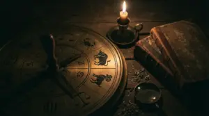 Ruota zodiacale in metallo vicino a libri antichi, candela accesa e lente d'ingrandimento