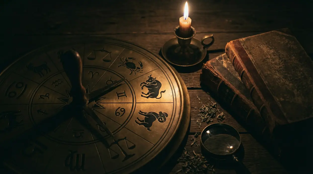 Ruota zodiacale in metallo vicino a libri antichi, candela accesa e lente d'ingrandimento