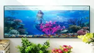 Un acquario decorativo con una sirena immersa in un fondale marino ricco di coralli colorati