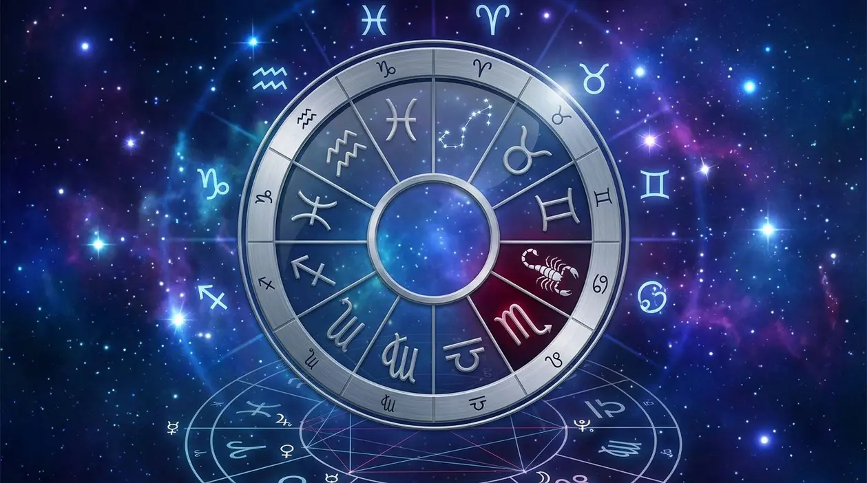 Rappresentazione circolare dei segni zodiacali su sfondo stellato
